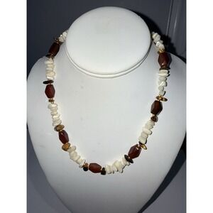 Vintage Lucoral Amber & Pearl Bead Necklace‎ Beachy 18"